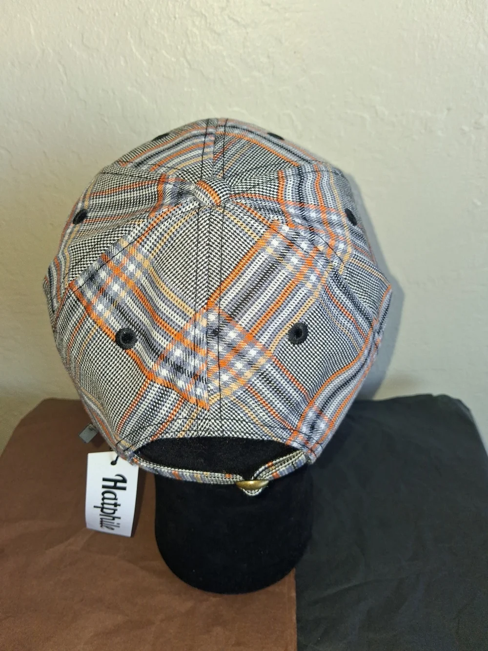 Women's Plaid Baseball Cap in Gray with Orange & Blue Trim
